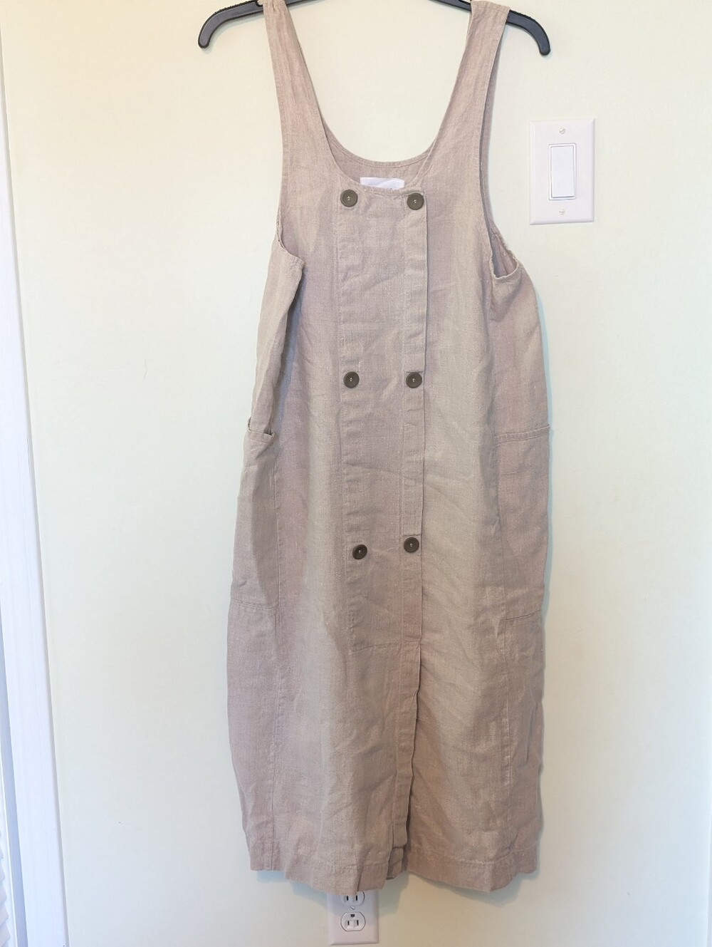 Jeanne Engelhardt Beige  100% Linen Pinafore Dress with Button Detail- Small